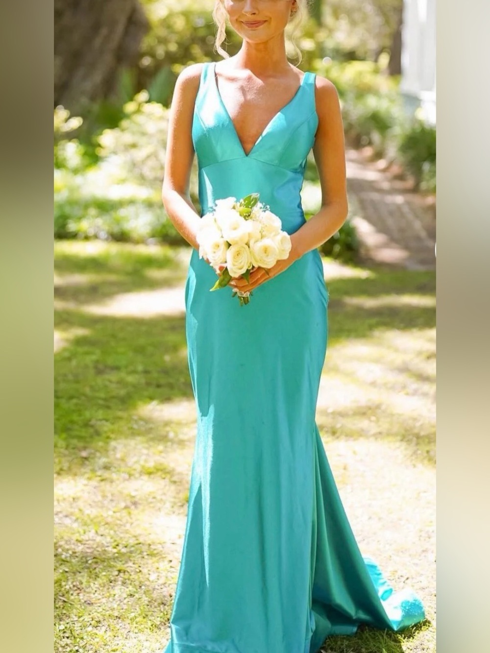 Sherri Hill Turquoise Satin V-Neck Maxi Gown with open drape back and long train
